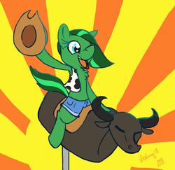Size: 600x583 | Tagged: safe, artist:rikafoxpawzer, oc, oc only, oc:jade aurora, bull, bull riding, clothes, cowboy hat, cowgirl, cowgirl outfit, cowprint, daisy dukes, female, hat, magfest, mechanical bull, riding, rodeo, sunburst background, yeehaw