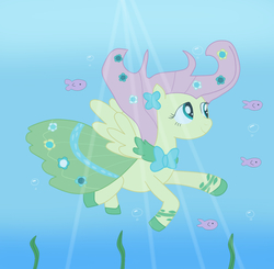 Size: 1568x1536 | Tagged: safe, artist:04startycornonline88, fluttershy, fish, pegasus, pony, g4, clothes, dress, female, fishes, gala dress, lake, mare, solo, swimming, underwater, watershy, wet mane