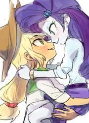 Size: 322x446 | Tagged: safe, artist:baekgup, applejack, rarity, human, equestria girls, g4, blushing, boop, carrying, eye contact, female, lesbian, looking at each other, noseboop, ship:rarijack, shipping