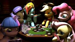 Size: 1920x1080 | Tagged: safe, alternate version, artist:yutogashi, angel bunny, applejack, fluttershy, pinkie pie, rainbow dash, rarity, twilight sparkle, g4, 3d, carrot, crowd, gambling, magic, mane six, playing card, poker, poker chips, poker table, shadow, source filmmaker