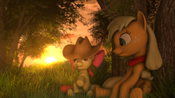 Size: 3840x2160 | Tagged: safe, artist:goldenlogik, apple bloom, applejack, g4, 3d, grass, hat, high res, remake, sisters, source filmmaker, sun, tree