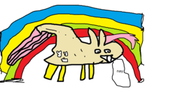 Size: 1152x648 | Tagged: safe, artist:manofcorn, fluttershy, pony, g4, 1000 hours in ms paint, ambiguous gender, grin, misspelling, ms paint, nay, neigh, quality, rainbow, simple background, smiling, solo, stylistic suck, wat, white background, why, wtf, yay
