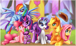 Size: 6672x4054 | Tagged: safe, artist:thenornonthego, applejack, fluttershy, pinkie pie, rainbow dash, rarity, spike, twilight sparkle, alicorn, pony, g4, absurd resolution, female, magic, mane seven, mane six, mare, sunglasses, twilight sparkle (alicorn), twilight's castle, wallpaper