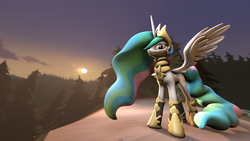 Size: 1920x1080 | Tagged: safe, artist:zoomerart, princess celestia, g4, 3d, armor, cliff, female, solo, source filmmaker, sunset, tree