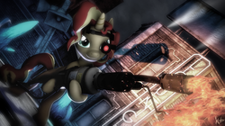 Size: 3840x2158 | Tagged: safe, artist:aeridiccore, sunset shimmer, pony, g4, 3d, female, fiery shimmer, fire, flamethrower, high res, neon, pyro (tf2), shadow, solo, source filmmaker, team fortress 2, upright, weapon