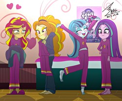Size: 1100x910 | Tagged: safe, artist:bluse, part of a set, adagio dazzle, aria blaze, sonata dusk, sunset shimmer, twilight sparkle, equestria girls, g4, barefoot, belly button, blushing, breaking the fourth wall, clothes, eyes closed, feet, female, hairband, hand on hip, heart, loose hair, midriff, open mouth, pajamas, pants, poster, show accurate, signature, slippers, sweater, the dazzlings, the wandering dazzlings, tired, twilight sparkle (alicorn)