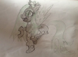 Size: 2094x1536 | Tagged: artist needed, source needed, safe, queen chrysalis, g4, excited, female, flying, solo, traditional art