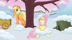 Size: 2400x1350 | Tagged: safe, artist:naomiknight17, angel bunny, applejack, fluttershy, earth pony, pony, g4, winter wrap up, butt, clothes, duo, female, looking back, mare, plant team, plot, snow, tree, vest, wagon, winter wrap up vest