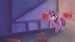 Size: 5120x2880 | Tagged: safe, artist:inkygarden, twilight sparkle, alicorn, pony, g4, book, book trail, female, hilarious in hindsight, its a trap!, magic, mare, raised hoof, reading, solo, telekinesis, that pony sure does love books, this will end in tears, trap (device), twilight sparkle (alicorn)