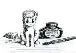 Size: 540x380 | Tagged: safe, artist:el-yeguero, rainbow dash, g4, female, micro, monochrome, sitting, solo, traditional art