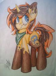 Size: 712x960 | Tagged: safe, artist:ivory crescent, oc, oc only, oc:sneak peek, pony, unicorn, dirty, grin, neckerchief, nervous, smiling, standing, traditional art