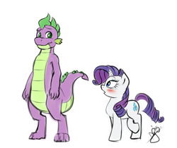 Size: 1280x1076 | Tagged: safe, artist:pia-sama, rarity, spike, pony, unicorn, g4, blushing, crossed legs, female, male, mare, older, older spike, open mouth, raised leg, ship:sparity, shipping, smiling, straight, wide eyes