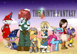 Size: 4500x3160 | Tagged: safe, artist:cloureed, applejack, pinkie pie, spike, g4, amarant coral, crossover, dagger (final fantasy ix), eiko carol, fanfic, fanfic art, fanfic cover, final fantasy ix, freya crescent, garnet til alexandros xvii, high res, zidane tribal