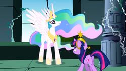 Size: 1366x768 | Tagged: safe, screencap, princess celestia, twilight sparkle, unicorn, friendship is magic, g4, castle of the royal pony sisters, unicorn twilight