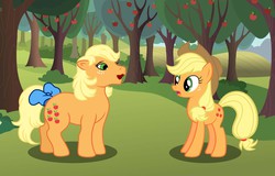 Size: 8390x5353 | Tagged: safe, artist:porygon2z, applejack, applejack (g1), earth pony, pony, g1, g4, my little pony 'n friends, absurd resolution, applejack's hat, bow, cowboy hat, crossover, dialogue, female, freckles, g1 to g4, generation leap, generational ponidox, hat, looking at each other, mare, open mouth, tail bow