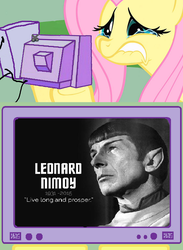 Size: 563x771 | Tagged: safe, fluttershy, g4, exploitable meme, fluttercry, leonard nimoy, meme, obituary, rest in peace, sad, spock, star trek, tv meme