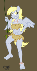 Size: 789x1500 | Tagged: safe, artist:sagabel, derpy hooves, anthro, plantigrade anthro, g4, anklet, barefoot, bikini, cave pony, caveman, cavemare, cavewoman, clothes, feet, female, loincloth, muffin bikini, necklace, pearl, solo, swimsuit, tarzan, toes, vine