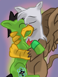 Size: 606x799 | Tagged: safe, artist:atomicphoton, oc, oc only, oc:photon, oc:theothegryphon, earth pony, griffon, pony, couple, eyes closed, gay, hug, interspecies, kissing, male, stallion