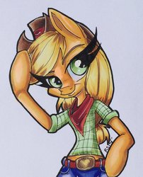 Size: 800x990 | Tagged: safe, artist:tinyunicornfarm, applejack, earth pony, anthro, g4, arm hooves, female, solo, traditional art