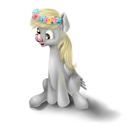 Size: 4000x4000 | Tagged: safe, artist:brony-girl, derpy hooves, butterfly, pegasus, pony, g4, female, floral head wreath, mare, simple background, sitting, solo