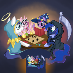 Size: 1000x1000 | Tagged: safe, artist:meekcheep, princess cadance, princess luna, shining armor, twilight sparkle, g4, book, cloak, clothes, dungeons and dragons, halo, roleplaying, scythe, straw, tabletop game