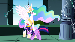 Size: 1366x768 | Tagged: safe, screencap, princess celestia, twilight sparkle, unicorn, friendship is magic, g4, season 1, big crown thingy, castle of the royal pony sisters, element of magic, female, jewelry, regalia, unicorn twilight