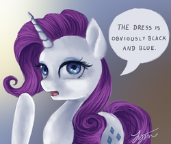 Size: 2139x1808 | Tagged: safe, artist:katyand, rarity, g4, dialogue, female, meme, solo, white and gold or black and blue dress meme