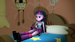 Size: 900x506 | Tagged: safe, artist:camtwo, artist:creatorofpony, twilight sparkle, equestria girls, g4, 3d, 3d model, bed, bedroom eyes, boots, clothes, female, legs, shirt, skirt, solo, source filmmaker