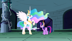 Size: 1366x768 | Tagged: safe, screencap, princess celestia, twilight sparkle, pony, unicorn, friendship is magic, g4, season 1, animation error, big crown thingy, castle of the royal pony sisters, crown, duo, ethereal mane, female, hoof shoes, jewelry, mare, peytral, raised hoof, regalia, size difference, unicorn twilight