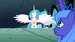 Size: 1366x768 | Tagged: safe, screencap, princess celestia, princess luna, alicorn, pony, friendship is magic, g4, season 1, castle of the royal pony sisters, crown, duo, ethereal hair, ethereal mane, ethereal tail, female, jewelry, looking at each other, looking at someone, looking down, looking up, mare, peytral, regalia, royal sisters, s1 luna, siblings, sisters, spread wings, tail, talking, tiara, worried