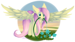 Size: 4411x2495 | Tagged: safe, artist:emiliearts, fluttershy, g4, female, flower, hose, mouth hold, simple background, solo, transparent background, water, watering