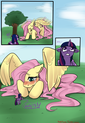 Size: 900x1300 | Tagged: safe, artist:reddpixie, fluttershy, twilight sparkle, alicorn, pony, g4, comic, crying, female, giant pony, giantshy, growth, macro, magic, mare, spell gone wrong, twilight sparkle (alicorn)