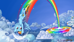 Size: 4370x2480 | Tagged: safe, artist:h-stallionwolf, rainbow dash, g4, cloud, cloudy, female, rainbow, solo, sonic rainboom, underhoof