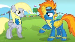 Size: 1024x576 | Tagged: safe, artist:noah-x3, derpy hooves, spitfire, pegasus, pony, g4, female, mare, show accurate, wonderbolt trainee uniform, wonderbolts uniform