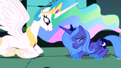 Size: 1366x768 | Tagged: safe, screencap, princess celestia, princess luna, alicorn, pony, friendship is magic, g4, season 1, castle of the royal pony sisters, crouching, crown, duo, ethereal hair, ethereal mane, eyes closed, female, folded wings, frown, hoof shoes, jewelry, kneeling, looking at someone, mare, peytral, regalia, royal sisters, s1 luna, siblings, sisters, spread wings, tiara, wings, worried