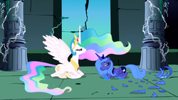 Size: 1366x768 | Tagged: safe, screencap, princess celestia, princess luna, alicorn, pony, friendship is magic, g4, season 1, armor, castle of the royal pony sisters, crouching, crown, ethereal hair, ethereal mane, ethereal tail, female, folded wings, hoof shoes, jewelry, kneeling, looking at someone, peytral, pillar, regalia, royal sisters, s1 luna, siblings, sisters, spread wings, tail, tiara, wings