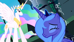 Size: 1366x768 | Tagged: safe, screencap, princess celestia, princess luna, alicorn, pony, friendship is magic, g4, season 1, castle of the royal pony sisters, crown, ethereal hair, ethereal mane, ethereal tail, eyes closed, eyeshadow, female, frown, jewelry, looking at someone, looking down, makeup, mare, peytral, pillar, regalia, royal sisters, s1 luna, siblings, sisters, smiling, tail, tiara, window