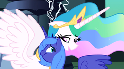Size: 1366x768 | Tagged: safe, screencap, princess celestia, princess luna, alicorn, pony, friendship is magic, g4, season 1, animation error, castle of the royal pony sisters, crown, crying, ears back, eyeshadow, female, hug, jewelry, looking at each other, looking at someone, makeup, mare, peytral, regalia, reunion, royal sisters, s1 luna, siblings, sisters, smiling, spread wings, swanlestia, tears of joy, tiara, wings