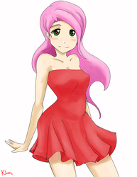 Size: 1275x1650 | Tagged: safe, artist:kprovido, fluttershy, human, g4, blushing, clothes, dress, female, humanized, red dress, solo, strapless dress, wingding eyes