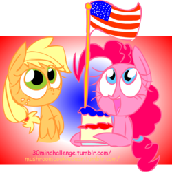 Size: 710x709 | Tagged: safe, artist:mushroomcookiebear, applejack, pinkie pie, pony, g4, amerijack, cake, duo, flag, hatless, missing accessory, united states