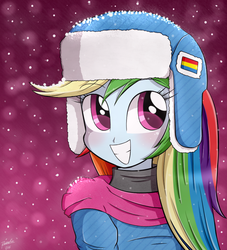 Size: 960x1056 | Tagged: safe, artist:riouku, rainbow dash, equestria girls, g4, cute, dashabetes, female, hat, snow, snowfall, solo, ushanka