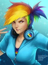 Size: 813x1089 | Tagged: safe, artist:elekitelik, rainbow dash, human, g4, female, headphones, humanized, piercing, portrait, solo