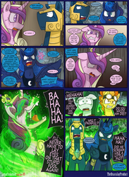 Size: 1584x2160 | Tagged: safe, artist:dracojayproduct, princess cadance, princess luna, queen chrysalis, spitfire, oc, oc:pierson, oc:willow, changeling, comic:lunar isolation, g4, comic, disguise, disguised changeling, evil, fake cadance, laughing
