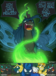 Size: 1584x2160 | Tagged: safe, artist:dracojayproduct, princess luna, queen chrysalis, spitfire, oc, oc:pierson, oc:willow, changeling, comic:lunar isolation, g4, comic