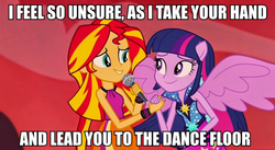 Size: 1000x546 | Tagged: safe, screencap, sunset shimmer, twilight sparkle, equestria girls, g4, my little pony equestria girls: rainbow rocks, careless whisper (song), image macro, meme, ponied up, song in the comments, song reference, twilight sparkle (alicorn)