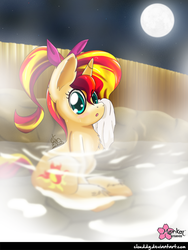 Size: 700x932 | Tagged: safe, artist:clouddg, sunset shimmer, pony, unicorn, g4, alternate hairstyle, bow, female, full moon, hair bow, hot springs, looking at you, moon, night, signature, solo, towel, water