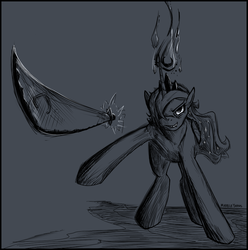 Size: 877x884 | Tagged: safe, artist:marbleyarns, princess luna, g4, female, magic, monochrome, solo, sword, telekinesis