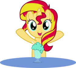 Size: 915x822 | Tagged: safe, artist:punzil504, sunset shimmer, pony, unicorn, g4, cute, female, filly, filly sunset shimmer, happy, looking at you, milkshake, milkshake ponies, open mouth, shamrock shake, shimmerbetes, simple background, smiling, solo, transparent background, vector, weapons-grade cute, younger