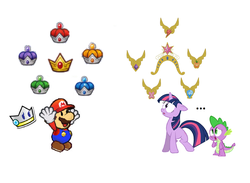 Size: 1868x1368 | Tagged: safe, spike, twilight sparkle, dragon, human, unicorn, g4, big crown thingy, comparison, crossover, crown, element of generosity, element of kindness, element of laughter, element of loyalty, element of magic, elements of harmony, faic, jewelry, kersti, male, mario, necklace, nintendo, paper mario, paper mario: sticker star, royal stickers, super mario bros., unicorn twilight