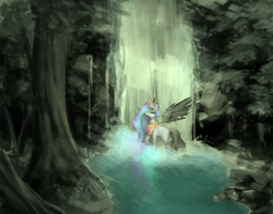 Size: 3000x2354 | Tagged: safe, artist:foxvanity, princess celestia, g4, female, forest, high res, solo, spread wings, water, waterfall, wip